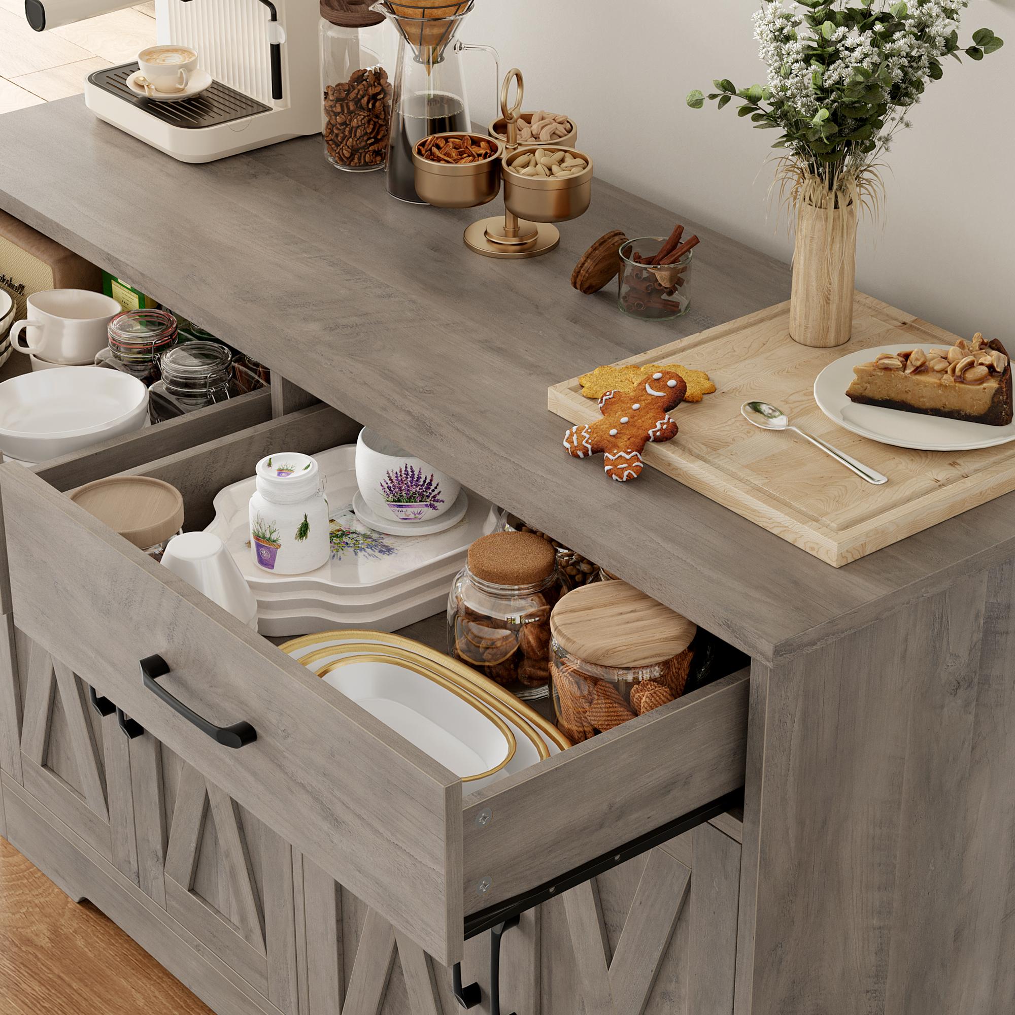 HOSTACK Buffet Cabinet, Coffee Bar with 2 Drawers, Shelves, 4 Doors, Modern Farmhouse Kitchen Sideboard Buffet, Wood Storage Cabinet