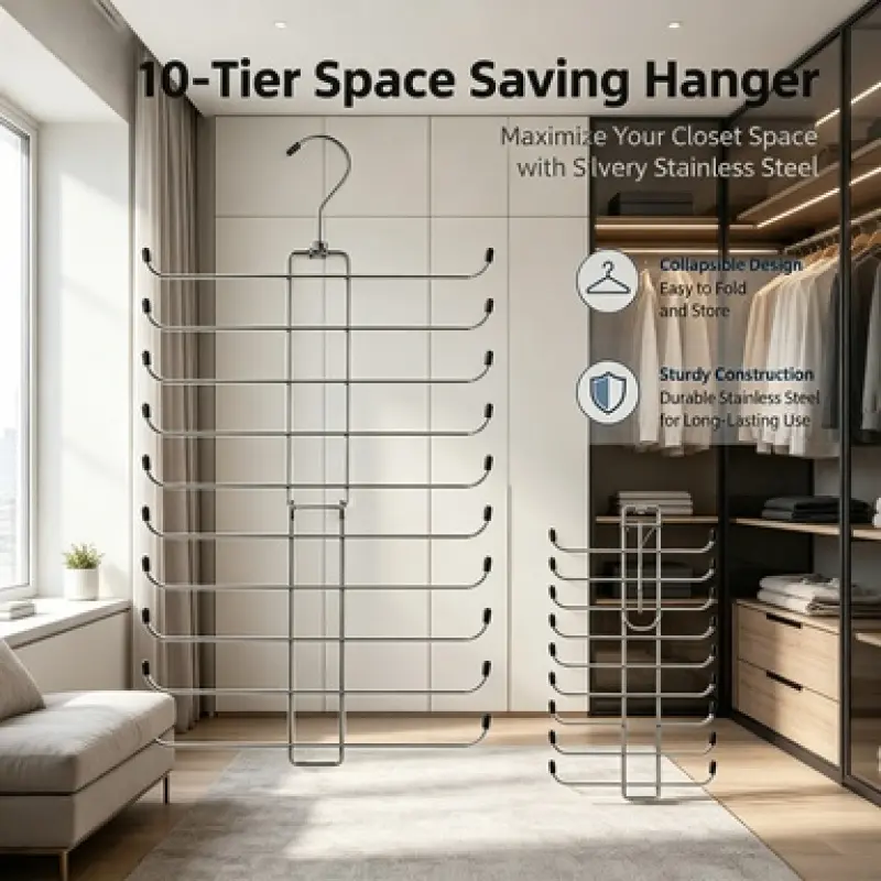 Collapsible Multi Hook Stainless Steel Trouser Hanger, 10 Tier Space Saving Wardrobe Organizer, Sleek Silver Garment Storage Rack for Home Bedroom Closet to Declutter Messy Clothing Efficiently