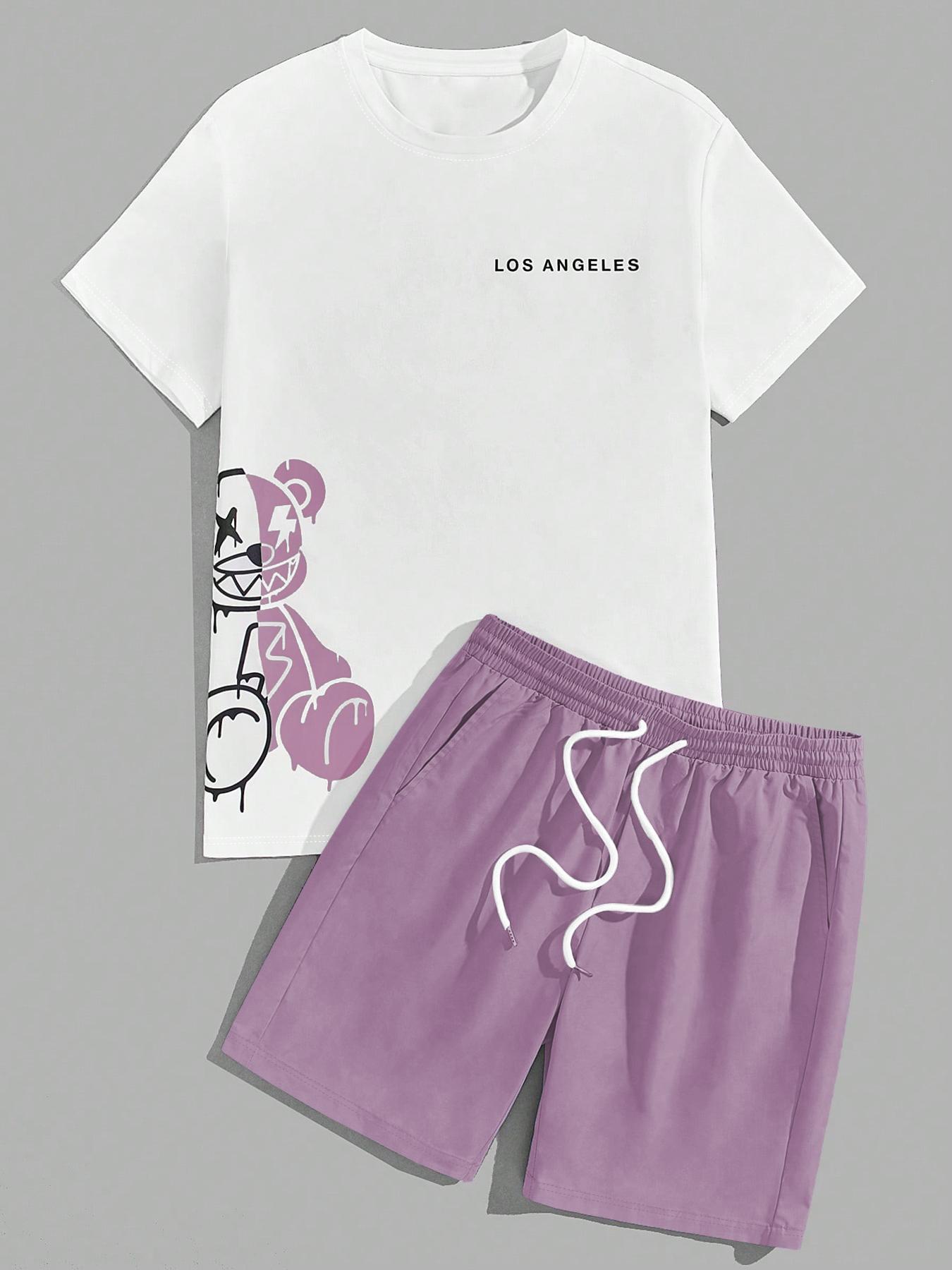 Two-Piece Set Men's Cartoon Bear & Letter Graphic Print Short Sleeve Tee & Shorts Set, Regular Fit Casual Round Neck T-shirt & Track Shorts, Summer Clothes Set for Men