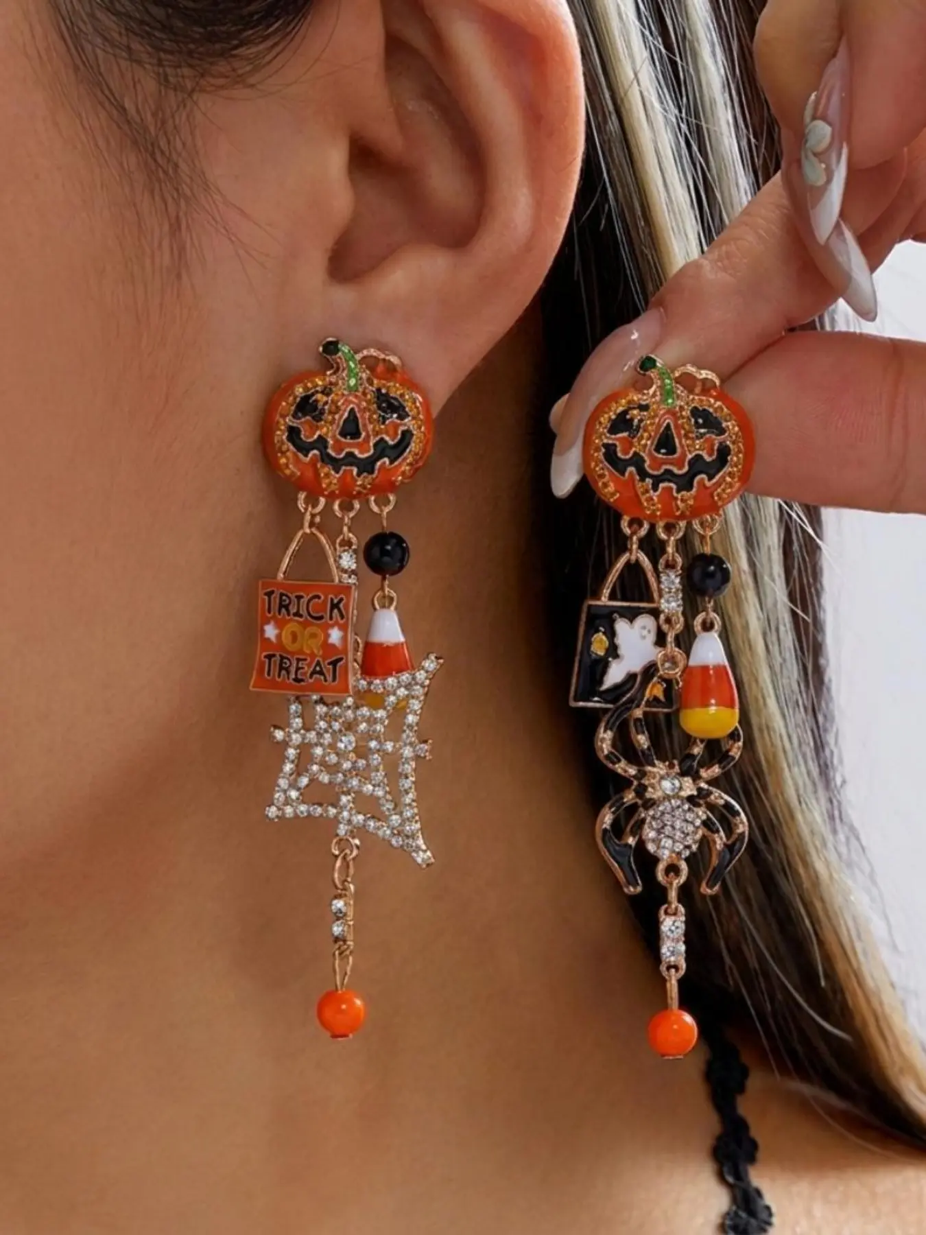 Asymmetrical Halloween Pumpkin Web Spider Enamel Long Drop Earrings, Fashionable Earrings, Y2K Holiday Style, Mismatched Dangle Earrings With Rhinestone Jack-O-Lantern & Crystal Web Spider Charms, For Halloween Party Girls