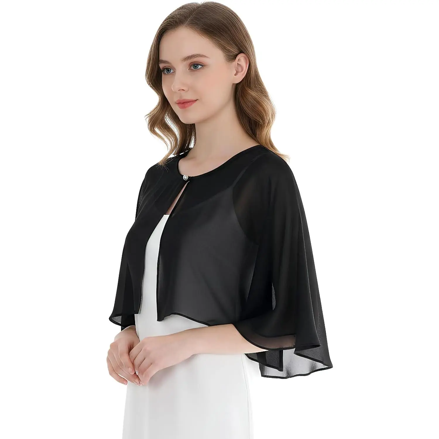 Elegant Chiffon Capelet Shawl for Women, Lightweight Formal Wrap with Button Closure for Weddings and Evening Dresses, One-Size Shawls