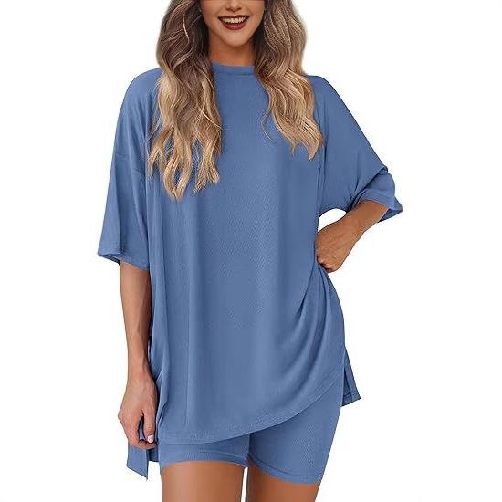 2026 New Style Women's Casual Round Neck Slit Loose Shorts and Short Sleeve Loungewear Set