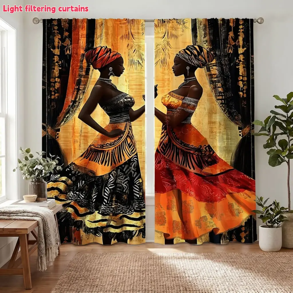 2Pcs African Woman Print Window Curtains, Vibrant Digital Art Design, Light Filtering for Living Rooms, Bedrooms, Decorative Home Decoration Curtain