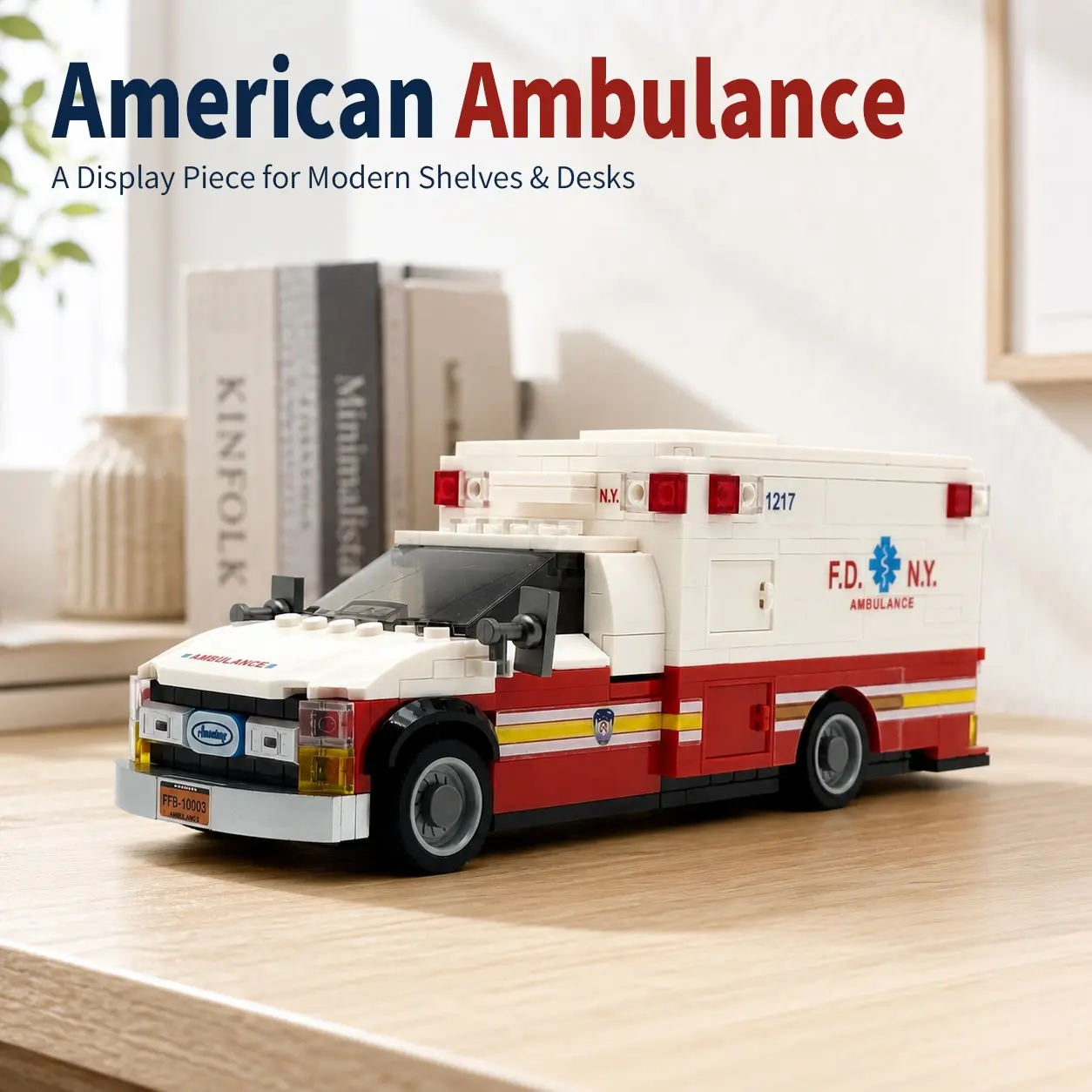 American Ambulance Building Block Model, Emergency Rescue Vehicle Construction Set with Removable Roof, Openable Side and Rear Doors, Detailed Medical Interior, Stretcher and Rolling Wheels, Creative Assembly Display Collectible Gift