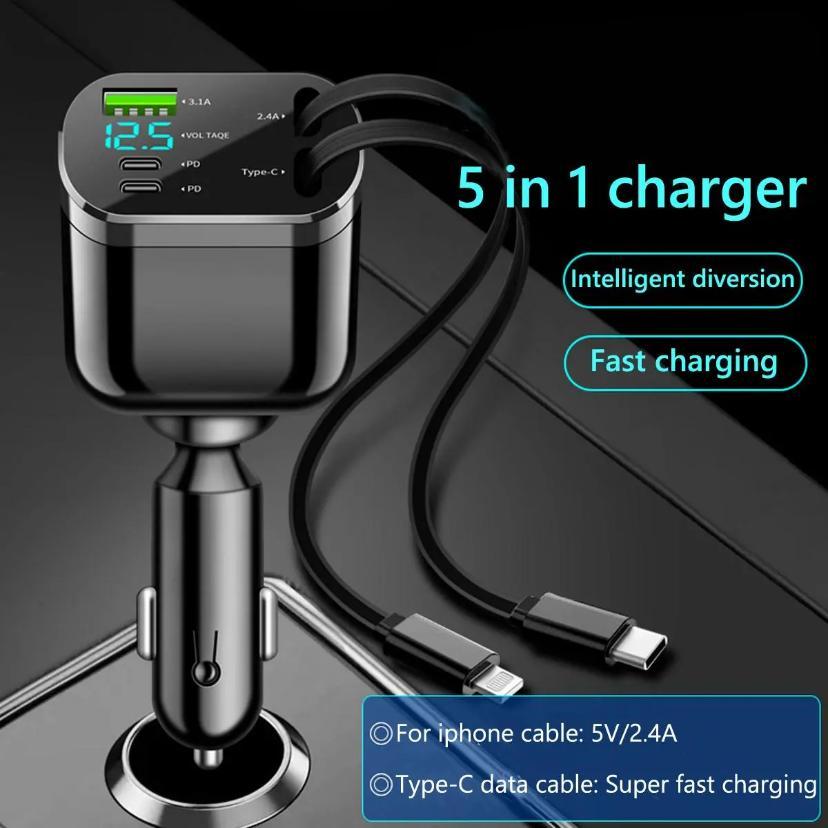 Compact Car Charger with Two Extendable Cables, Easy-to-Use Design for Apple and Android Phones, Multifunctional Portable Charging Solution