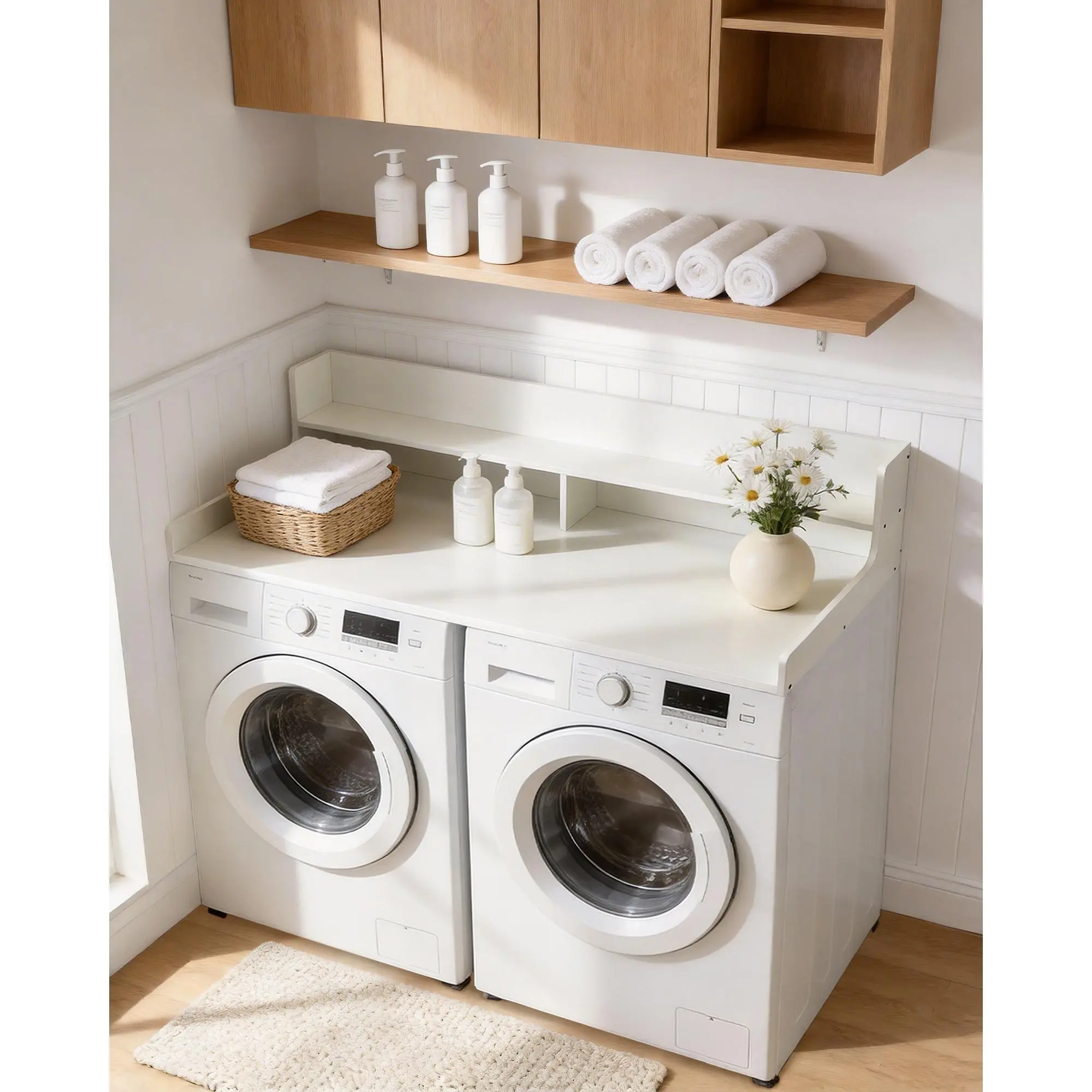 Wooden Washer Dryer Laundry Shelf, 54x27.5 Inch Countertop Organizer with Edge Rails, Walnut Finish,dorm essentials,home decor