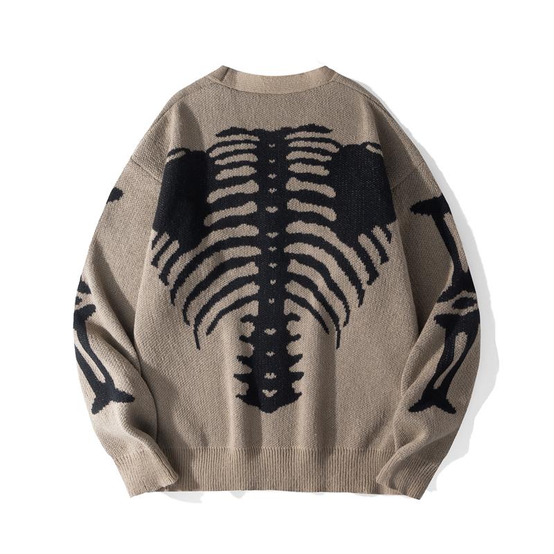 Men's Skeleton Print Button-Front Knitwear Top - Long Sleeve V-Neck, Loose Drop-Shoulder Regular Fit, Soft Menswear Pullover, Spooky Men's Cardigan, Multi-Size, Casual Halloween Fall Wear Men's Skeleton Print Button-Front Knitwear Top - Long Sleeve V-Neck, Loose Drop-Shoulder Regular Fit, Soft Menswear Pullover, Spooky Men's Cardigan, Multi-Size, Casual Halloween Fall Wear