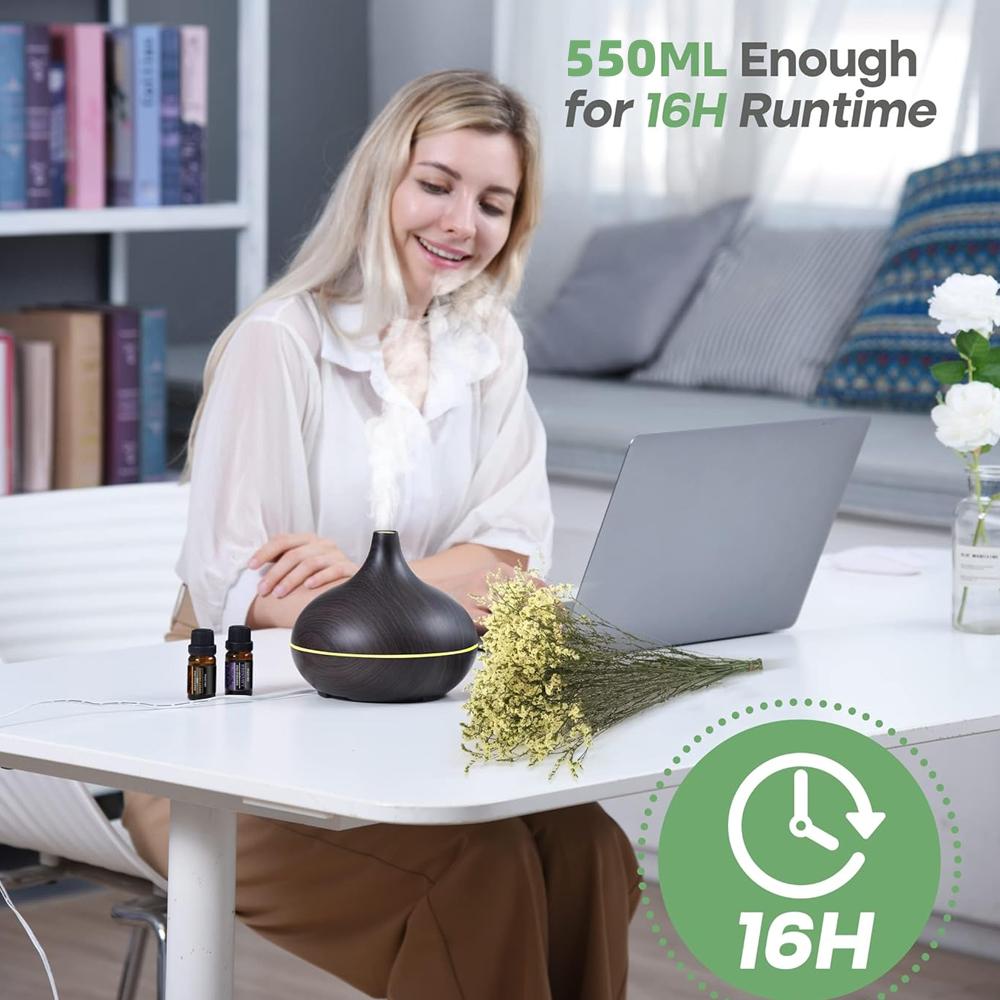 Oil Diffuser, 550ml Aromatherapy Diffuser with 6x10ml Included, 7x2 Colorful LED Night Light, 23dB Quiet BPA-Free Essential Oil Diffusers for Home, 16H Lasting, 4 Timers, Auto Off, Black humidifier air  purifier Lamp Diffuser with Cool Mist