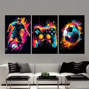 3 Pieces Neon Gaming Football Trendy Pop Aesthetic Art, Boys Room Wall Mural, Sports Vitality Home Art, Trendy Gallery Decor, Vivid Tone Poster, Wall Decor for Boys Room and Playroom, Framed or Unframed.