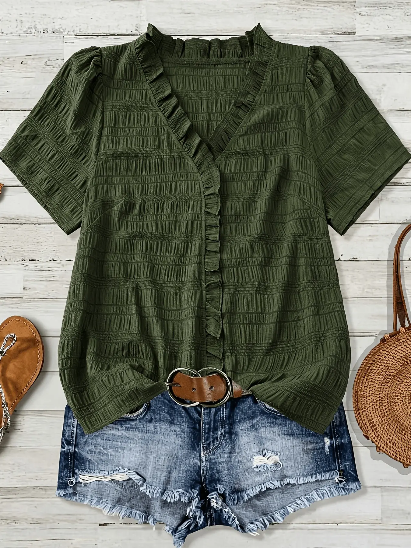 Women's Summer New V Neck Peter Pan Collar Shirt Blouses, Bubble Sleeve Design Slimming Versatile Short Sleeve Top, Casual Elegant Classy Fashionable Ladies' Clothing