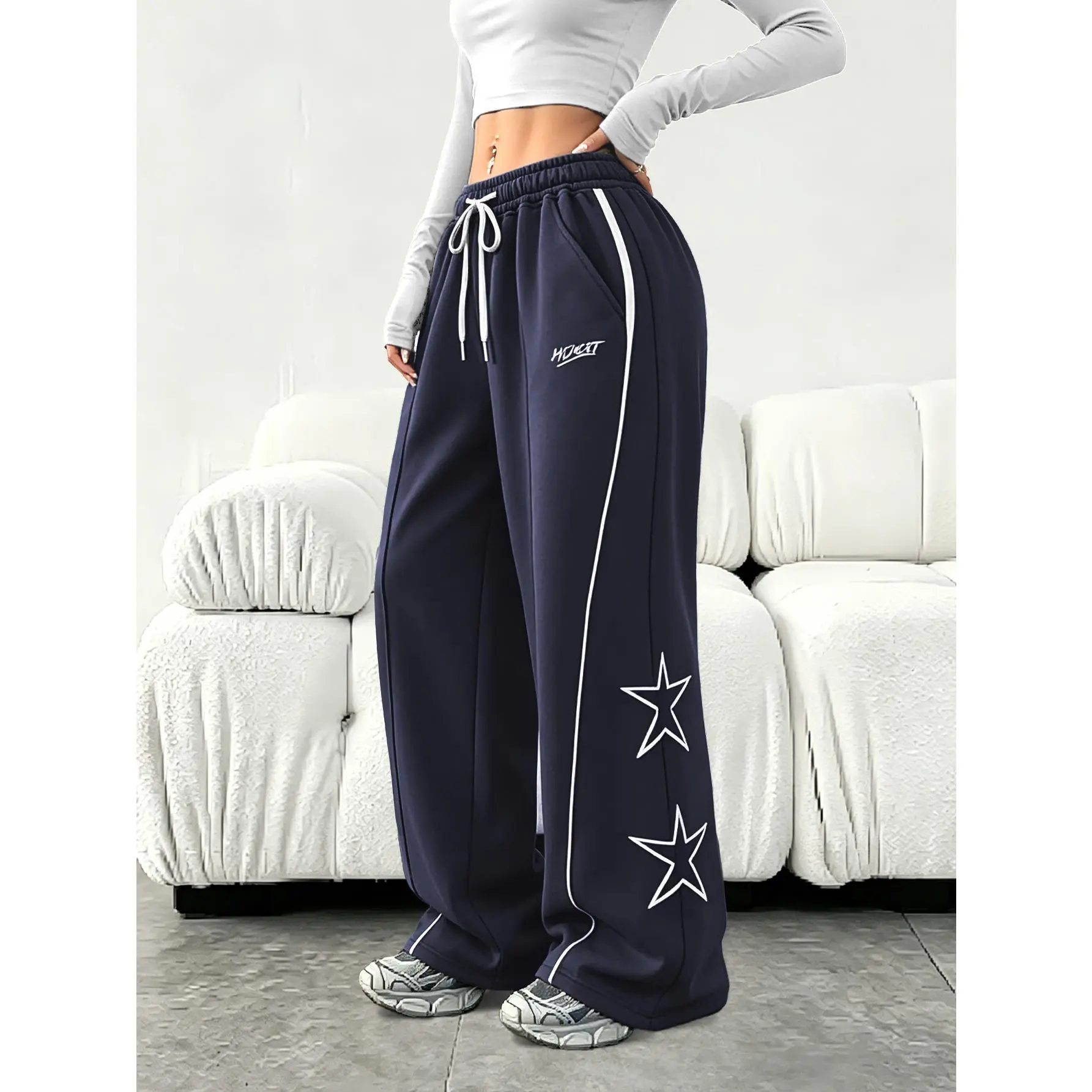 Women Hollow Out Star Print Floor Length Pants Letter Drawstring Waist Loose Casual Outdoor Daily Trousers