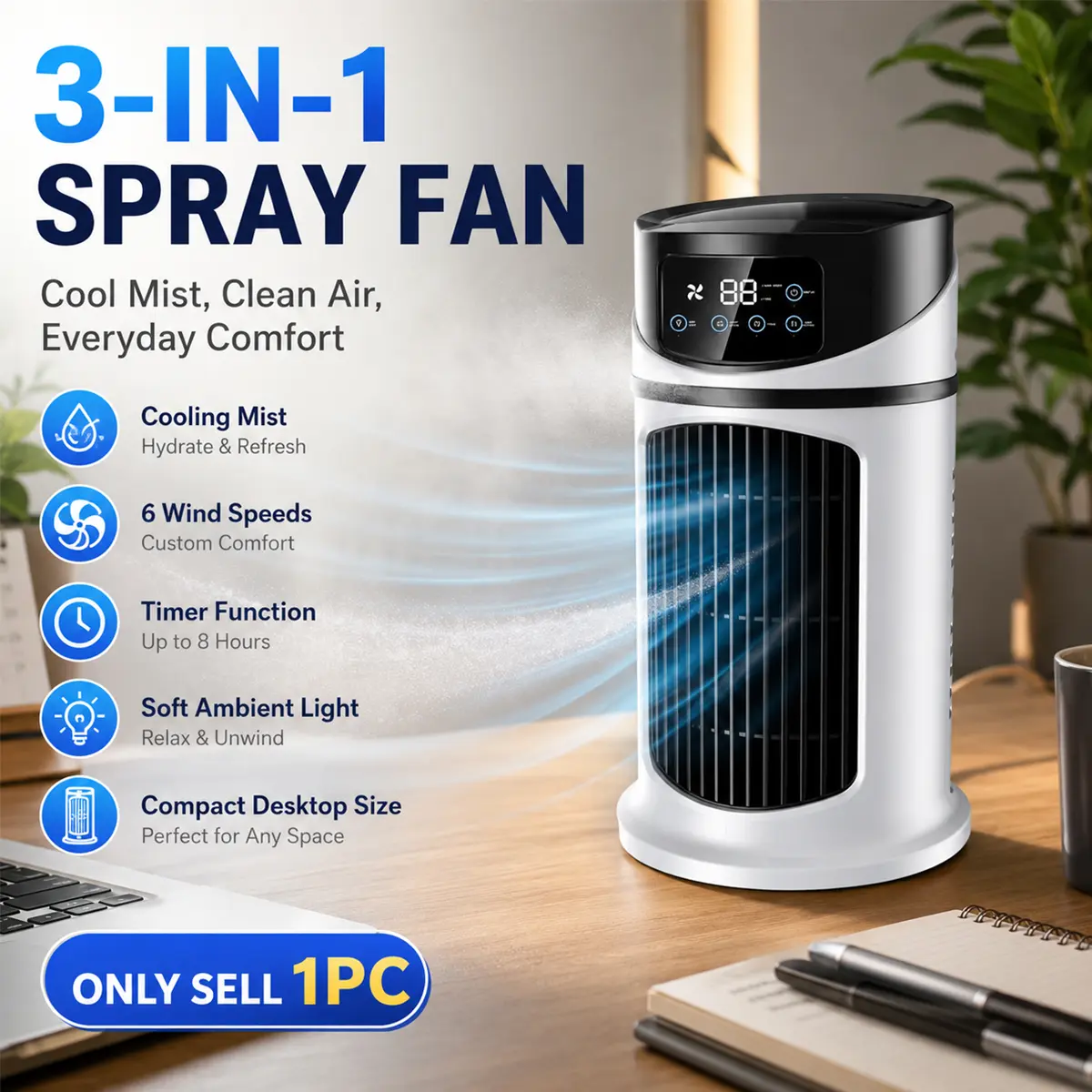 Portable Evaporative Air Cooler Fan, 3-in-1 USB Personal Mist Fan with Humidifying Airflow, Timer, LED Digital Display, 6 Wind Speeds, Atmosphere Light and Quiet Desktop Design for Room, Bedroom, Office, Dorm, Camping, Car and Home Use