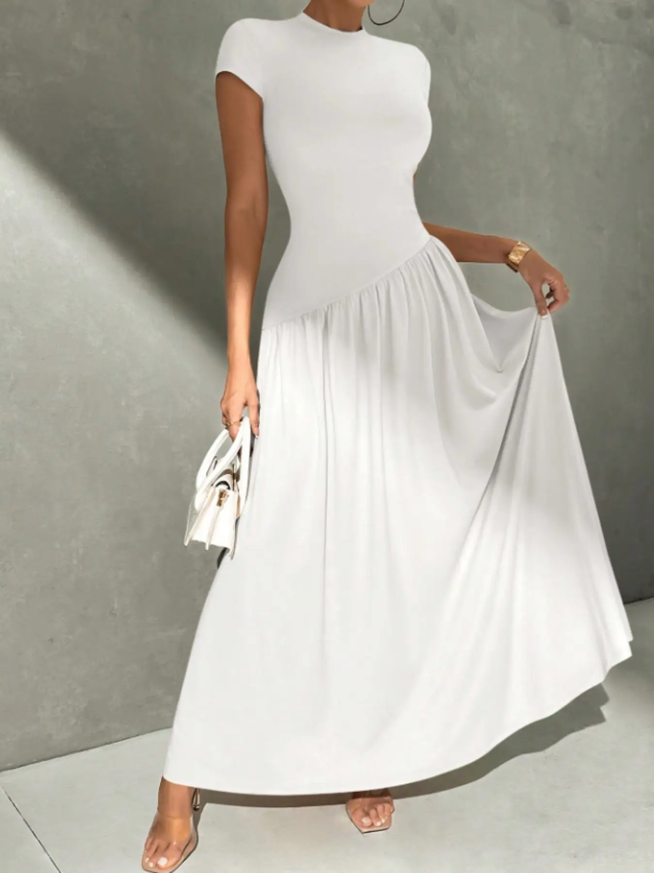 Elegant Simple Daily Wear Unique Solid Color Short Sleeve Fitted Stand Collar Asymmetric A-Line Waist Long Dress