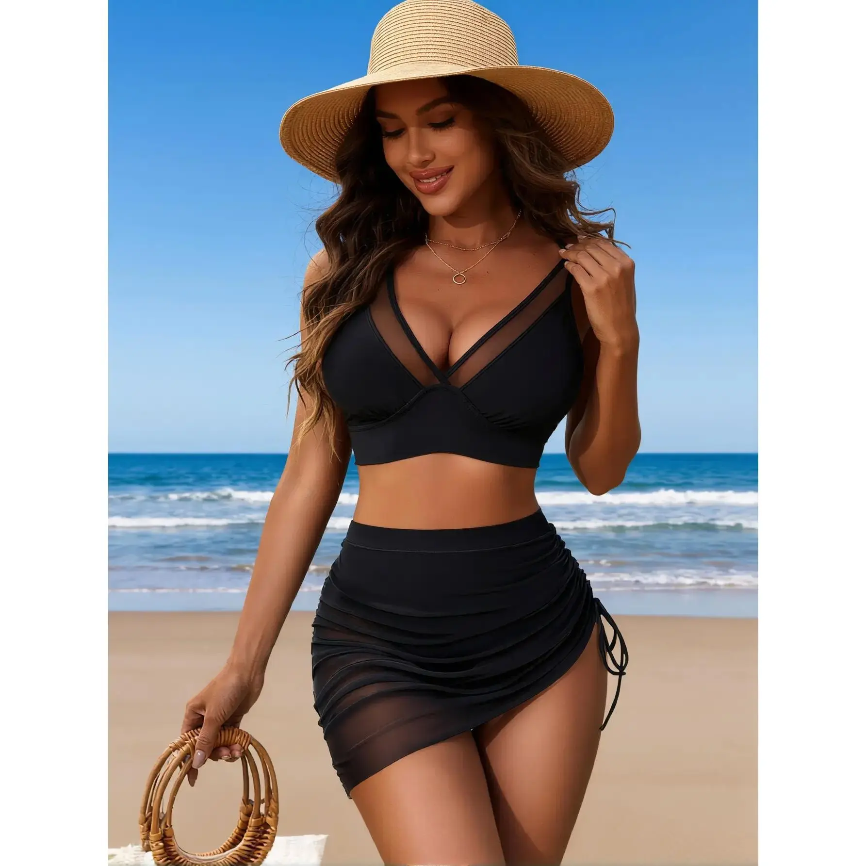 Women's 2026 Summer Solid Black Mesh V-Neck 2-Piece Bathing Suit, Stretch Elastane Slim-Fit Swimwear with Spliced Skirt Built-In Cover-Up Swimdresses, Suitable for Beach Vacations & Social Media Content