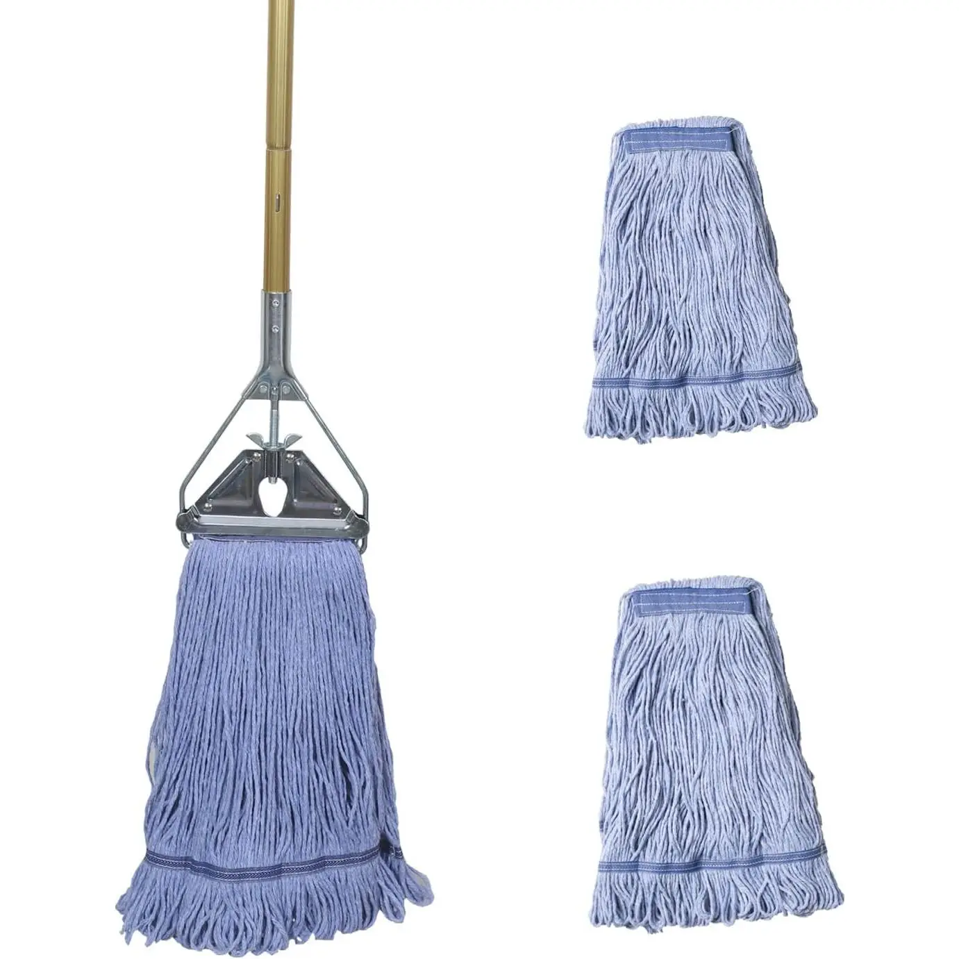 Heavy Duty Commercial Industrial Mop, 58" Looped-End String Wet Cotton Mop for Floor Cleaning, Includes Three Replacement Mop Heads