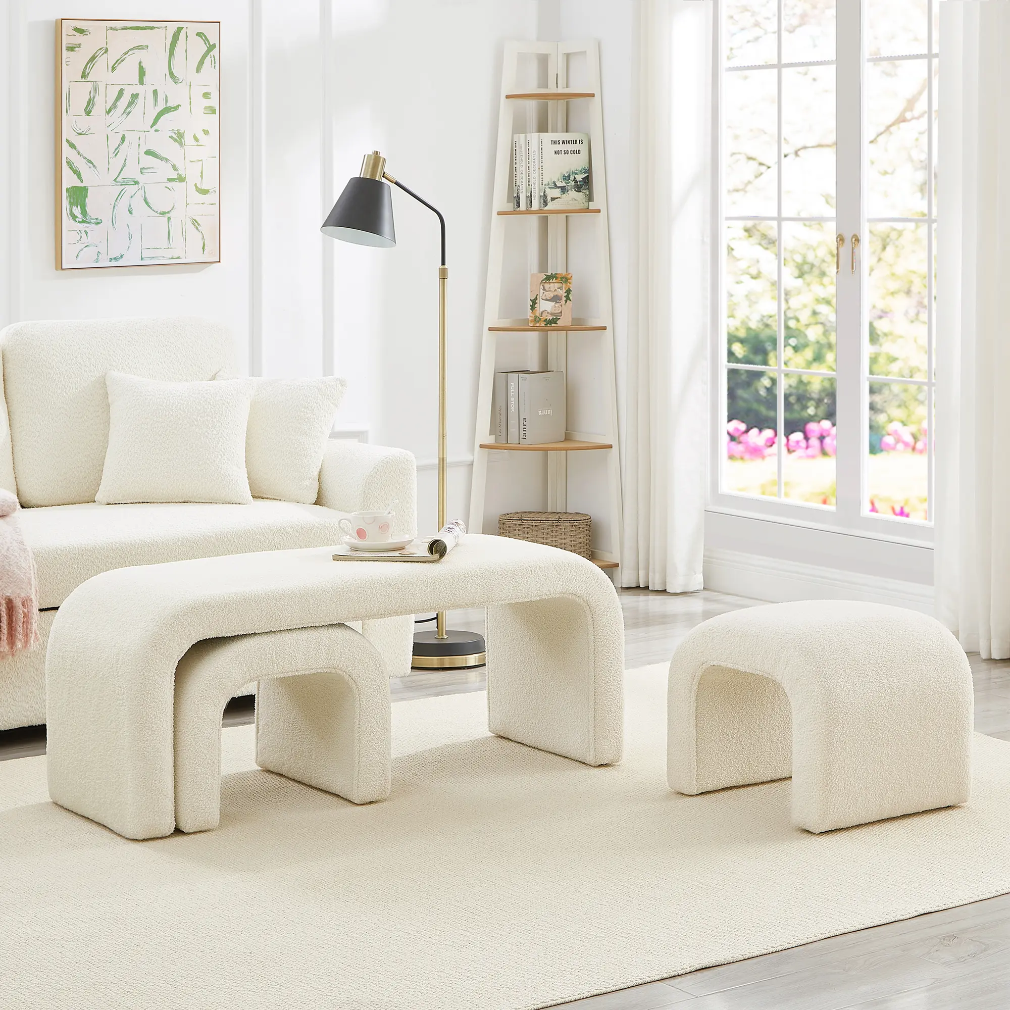 ARCH Set of 3 U-Shaped Modern Bench Teddy Ottoman Bench for Entryway Bedroom End of Bed Small Sofa Footrest Extra Seating Living Room 44+18 Inch Bench & Ottoman Cream, Living Room Furniture for Apartment, Lounge, Family Room, Office and Home Seating