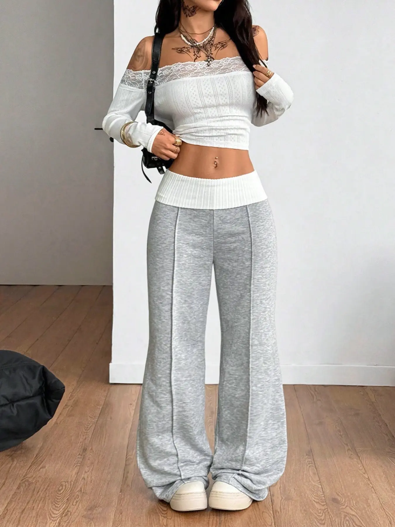Women's Fall Winter Streetwear, Casual, Retro Daily Wear, Y2K Knit Folded Pants, French Flare Pants