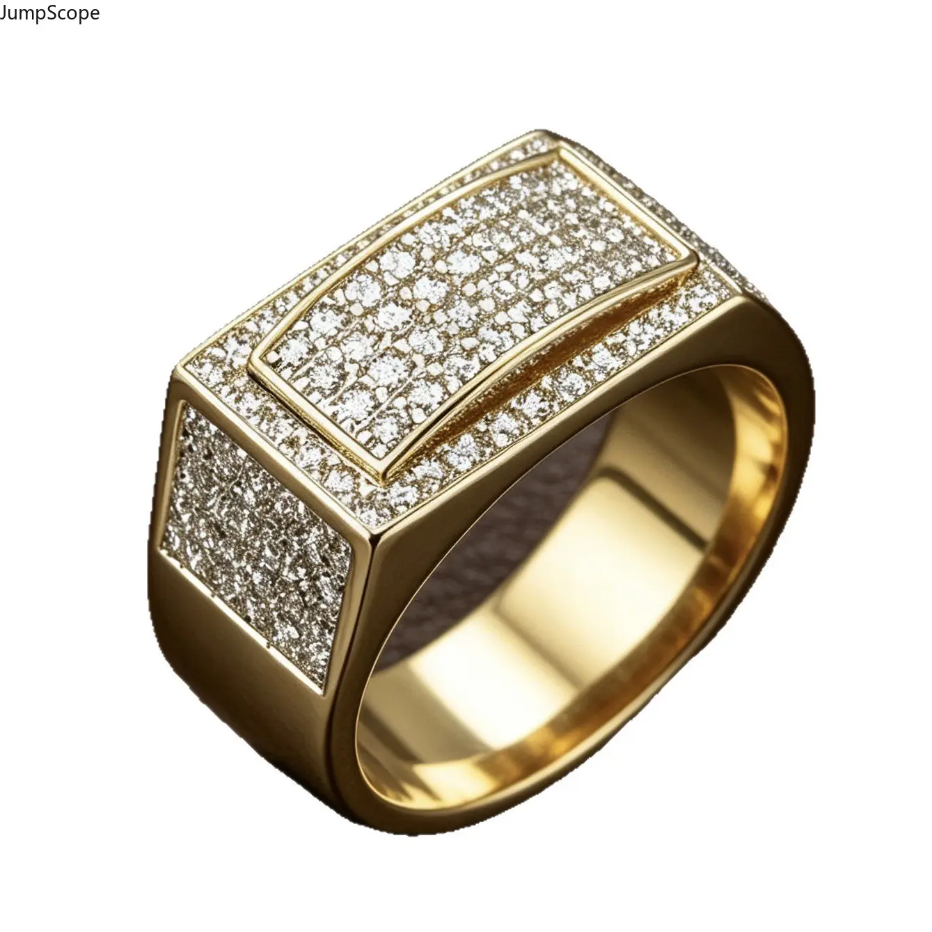 14K Gold Plated Double Layer Square Full Micro Pave CZ Men Wide Signet Ring, Bold Geometric Bling Minimal Luxury Hip Hop Business Formal Groom Statement Band For Office Nightclub Daily Masculine Jewelry
