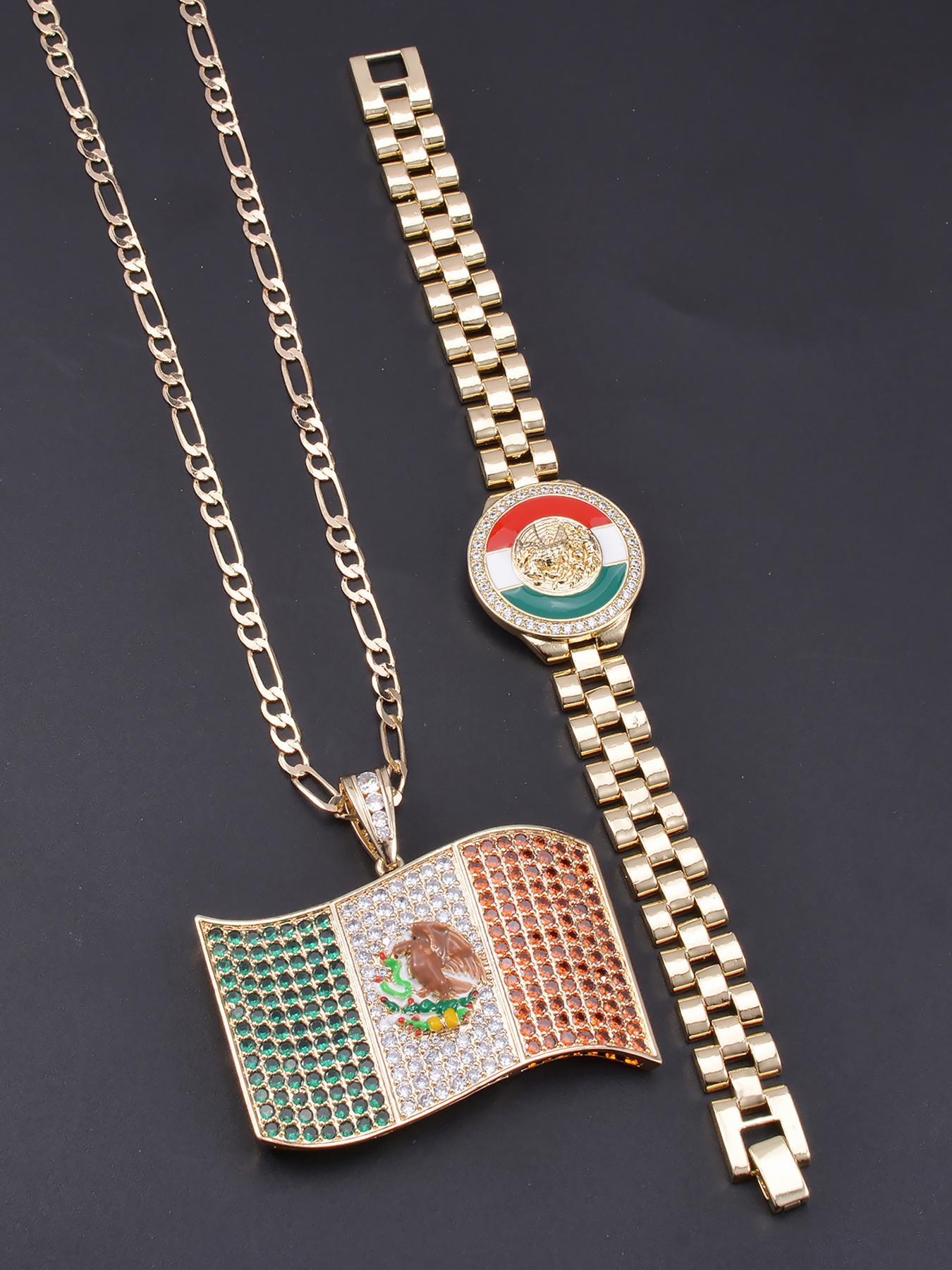 Punk Style Mexican Flag Design Pendant Necklace & Bracelet, Fashion Jewelry Set for Party, Daily Decor, Trendy Hip Hop Jewelry Set for Birthday Gift