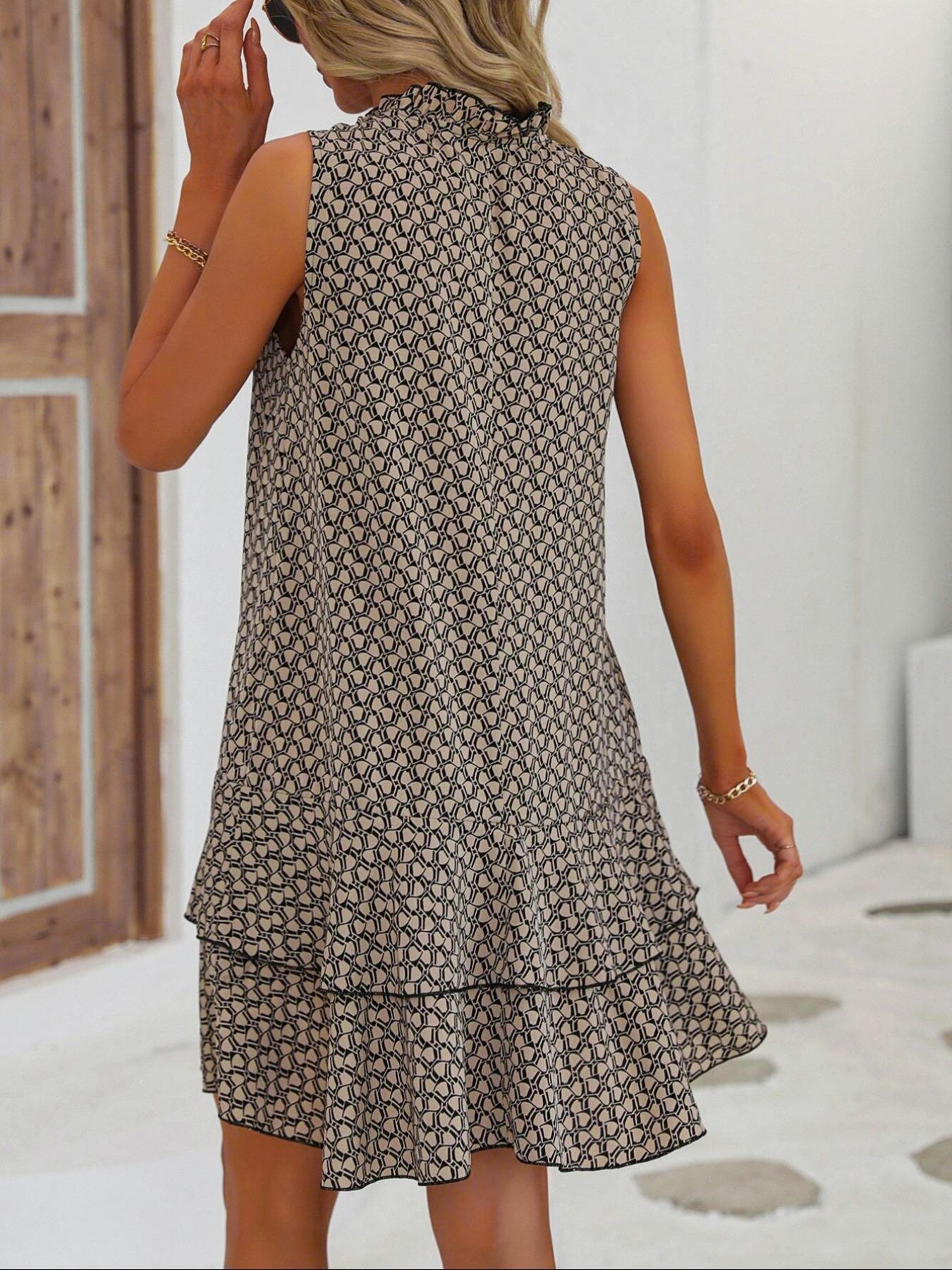 Women's Geometric Print Bow Dress, Casual Fitted Multi-Layered Woven Dress for All-Seasons Wear