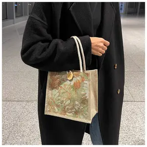 Vintage Floral Jacquard Tote Bag Women's Linen Burlap Handbag Reusable Grocery Shoulder Purse with Wooden Button for Summer Beach Casual Shopping summerwins