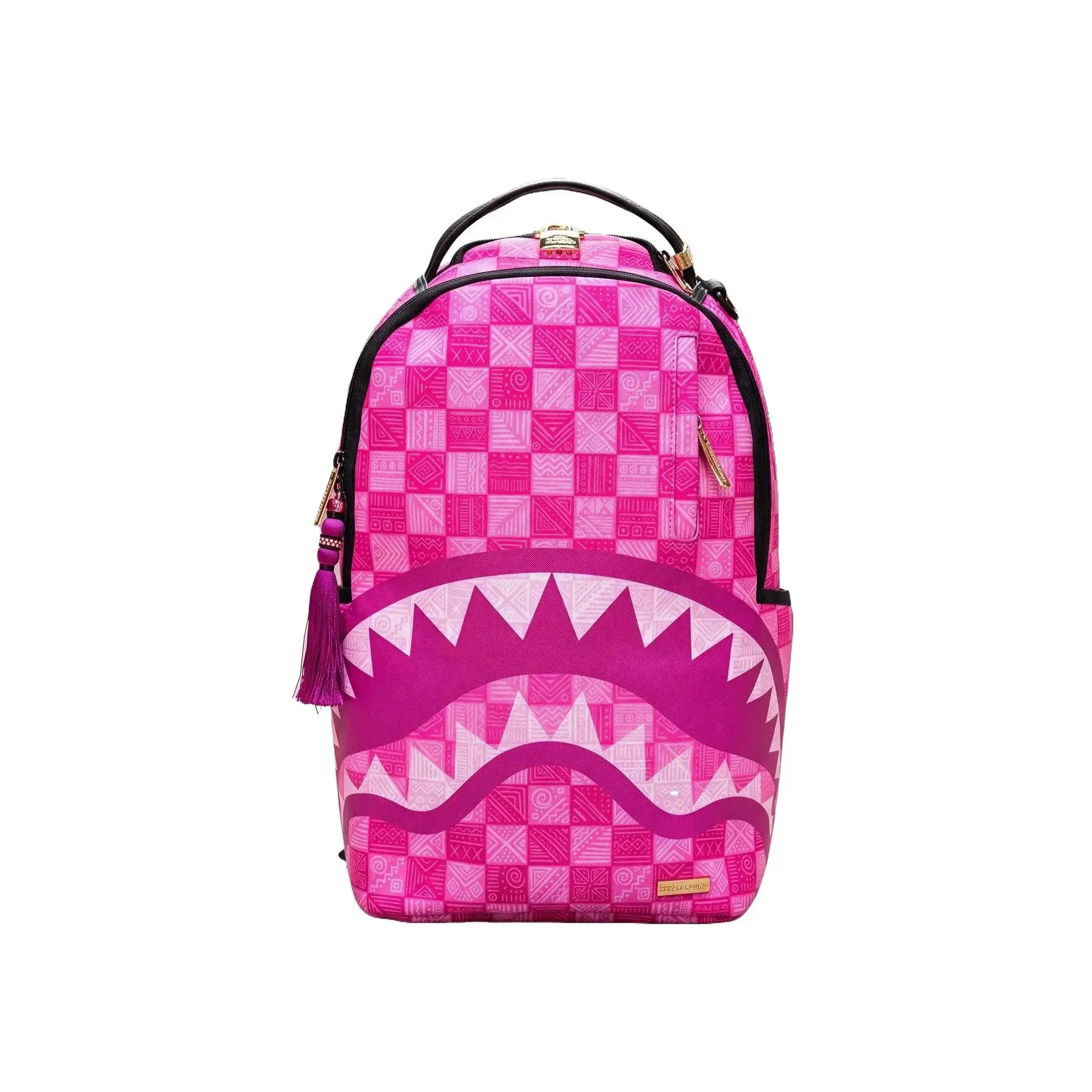 SG Pink Tribal Geometric Shark Backpack, Fuchsia Ethnic Pattern Checkerboard with Pink White Shark Mouth and Tassel, Streetwear School Travel Laptop Daypack for Women