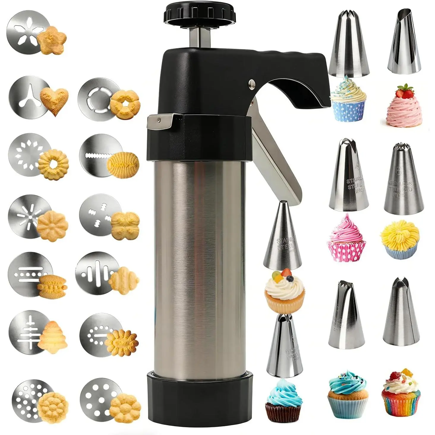 Cookie Press Gun Kit,Cookie Press Gun Kit with 13 Cookie Discs and 8 Piping Tips for DIY Various Cookies Maker