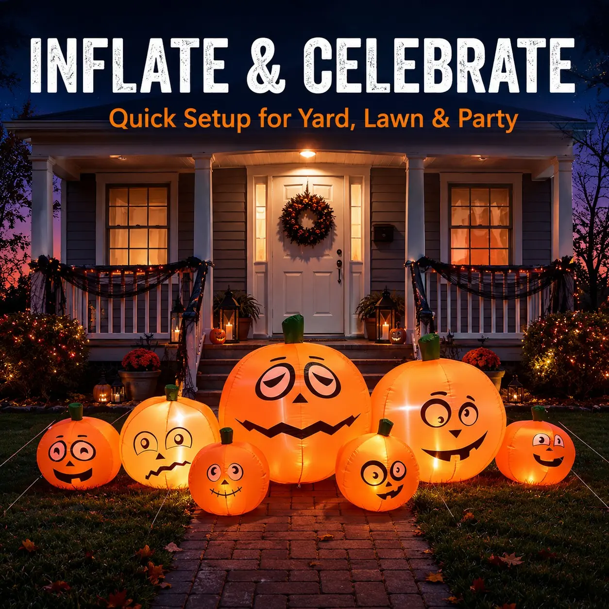 Halloween 2.4m Inflatable Pumpkin Set, LED Lighted Outdoor Party Decor, Fall Decor, Easy Install, Night Glow, Large Festival Props, Wholesale New Arrival