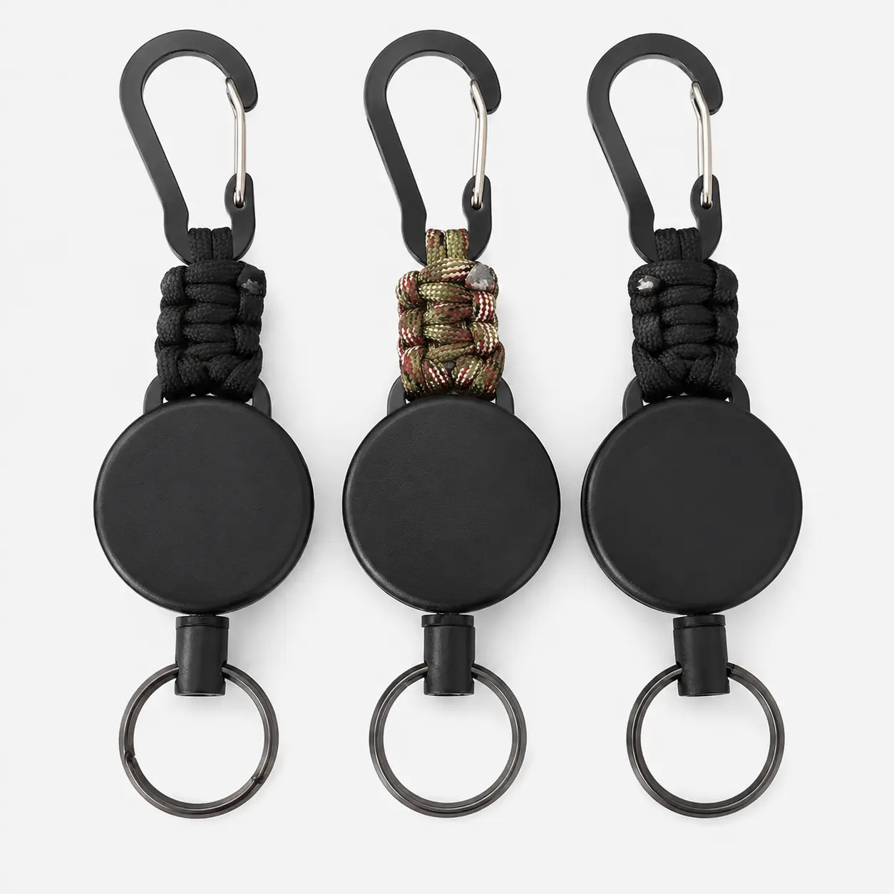 Heavy-Duty 4cm Black Plastic Round Carabiner Keychain with Adjustable Paracord Lanyard, High-Elasticity Quick-Release Pull Cord for Outdoor Gear, Backpacks, Tools, and Everyday Carry