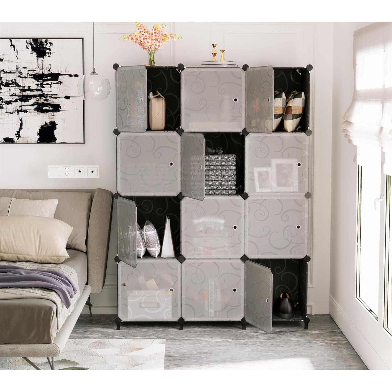 12 Cube Storage Organizer with Doors, DIY Plastic Closet Shelf, Modular Bookshelf, Stackable Shelving Rack for Bedroom, Living Room, Black ULPZ012