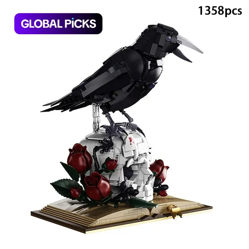 1358 Pcs Crow Bookish Art Building Set Collectible Block Sets, Featuring Crow/Skull/Rose & Books, Dark Floral DIY Model Kit, for Gothic Style Enthusiasts and Building Block Collectors, Halloween and Christmas Decoration