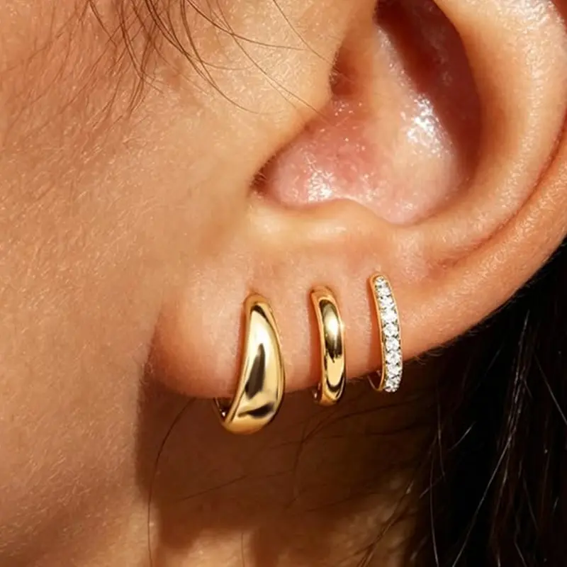 3 Pairs 14K Gold Plated Hoop Earrings for Women Hypoallergenic Small Huggie Hoops Cartilage Stack Earring Sets for Multiple Piercing Stackable Earrings Earring Stacks