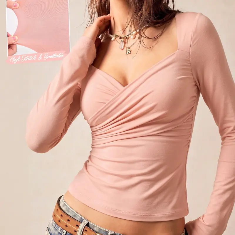 Women's Long Sleeved Wrap Around Pleated Knitted V Neck Tops Autumn Winter Fashionable Slim and Casual Inner Wear Comfortable and Soft Suitable for Commuting Family Gatherings and Multiple Scenes