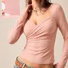 Women's Long Sleeved Wrap Around Pleated Knitted V Neck Tops Autumn Winter Fashionable Slim and Casual Inner Wear Comfortable and Soft Suitable for Commuting Family Gatherings and Multiple Scenes