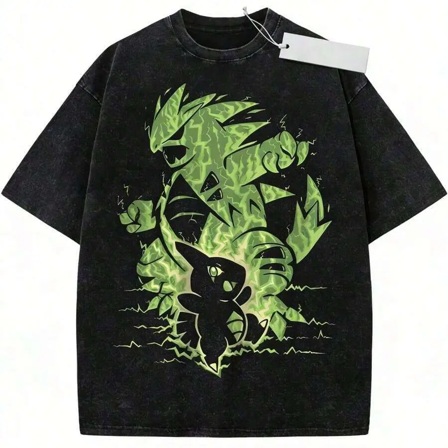 Unisex Vintage Washed Crew Neck T Shirt Green Lightning Tyranitar Larvitar Evolution Silhouette Thunder Shock Graphic Soft Cotton Short Sleeve Retro Monster Anime Streetwear T shirt For Men Women