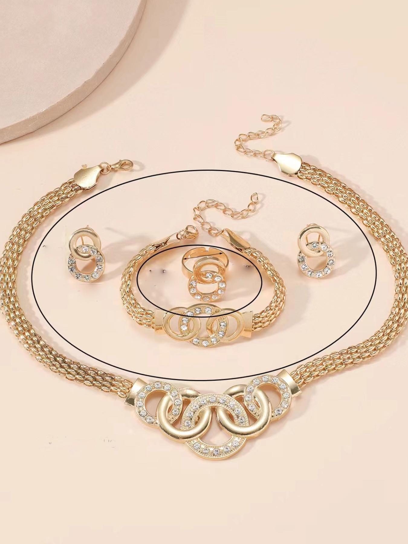 Rhinestone Decorated Jewelry Set, Fashion Round Design Pendant Necklace & Dangle Earrings & Ring & Bracelet for Party, Daily Clothing Decor, Trendy Jewelry for Birthday Gift