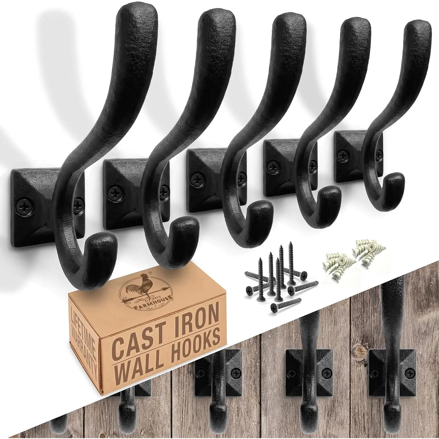 Rustic Wall Hooks for  (5 Pack) Cast Iron Black Coat Hooks Wall Mounted -  Decor Square Base Hooks for Coats, Bags, Hats, Towels (Black Hooks)