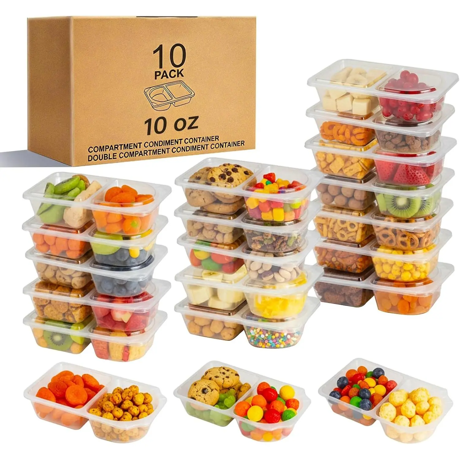 Snack Containers with , Snack Containers, 10 Snack Packs Containers, meal prep containers Double Compartment, Container Portion Control for  the Go Travel Essentials