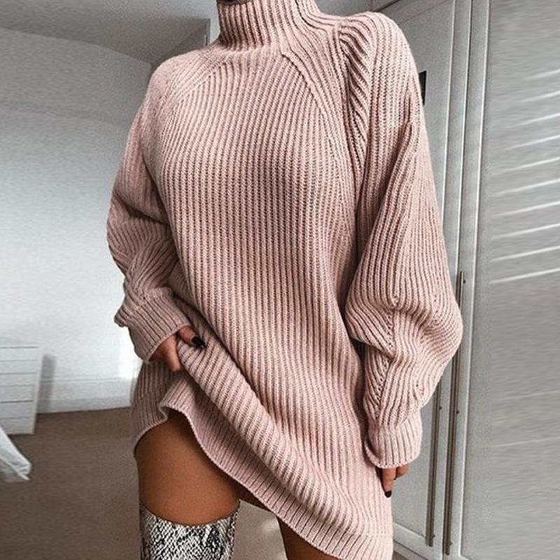 BIGWIG Women's Mock Neck Sweater Dress Drop Shoulder Long Sleeve Knitted Pullovers Ribbed Dresses