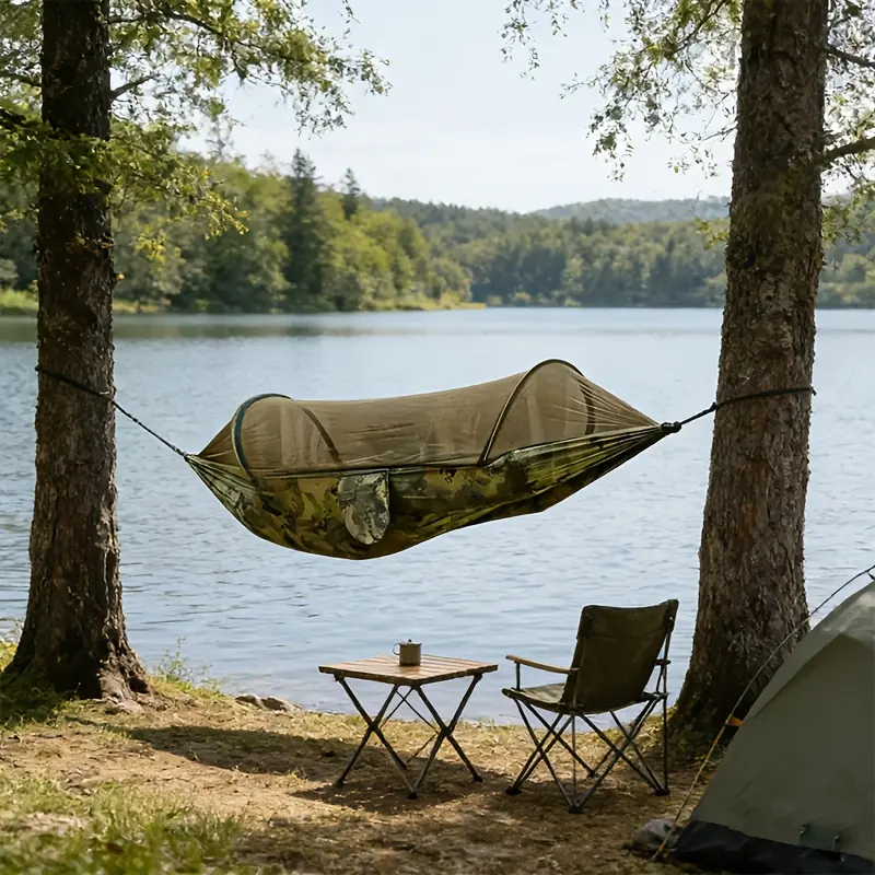 Nylon Fabric Hammock with Anti-Mosquito Net, Portable Quick-Open Design for Adults, Single/Double Size, 180kg Load Capacity for Camping & Hiking, Outdoor Camping, Adult Fit, Hammock Camping, Hanging Hammocks