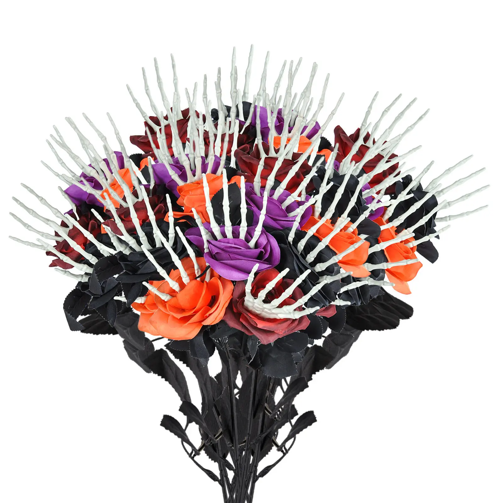 Halloween Artificial Rose with Skeleton Hand Decor, Gothic Spooky Fake Rose Flower Bouquet, Horror Halloween Vase Centerpiece Table Party Decorations