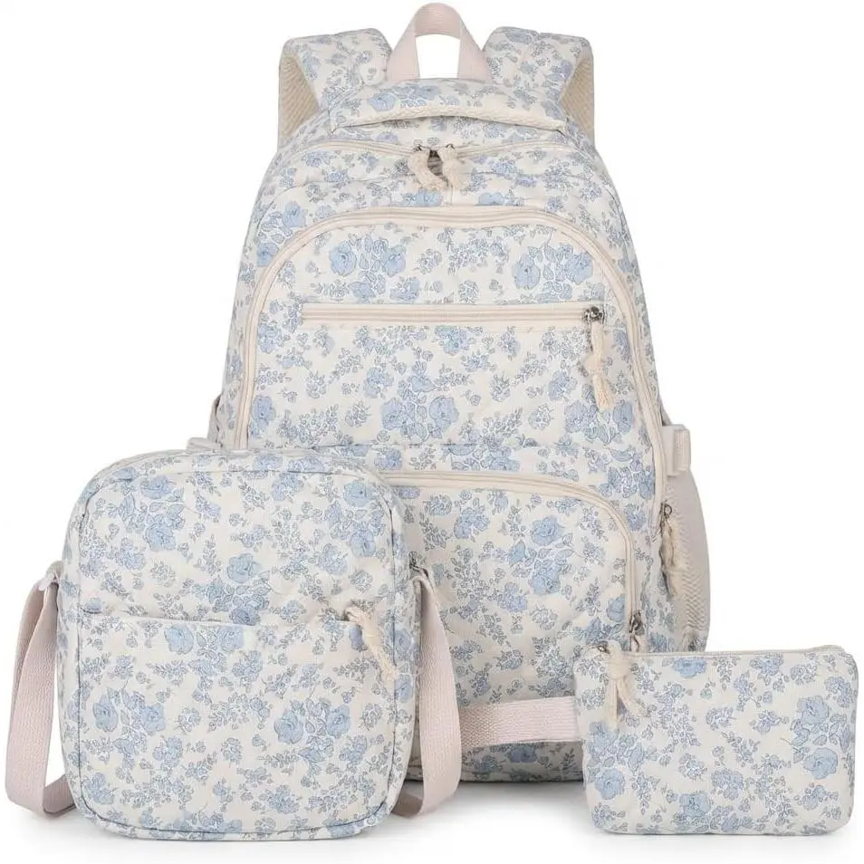 Floral Backpack 3pcs Set for Women Quilted Backpack Coquette Pleasing Kawaii Rucksack Cute Preppy Daypack (blue)