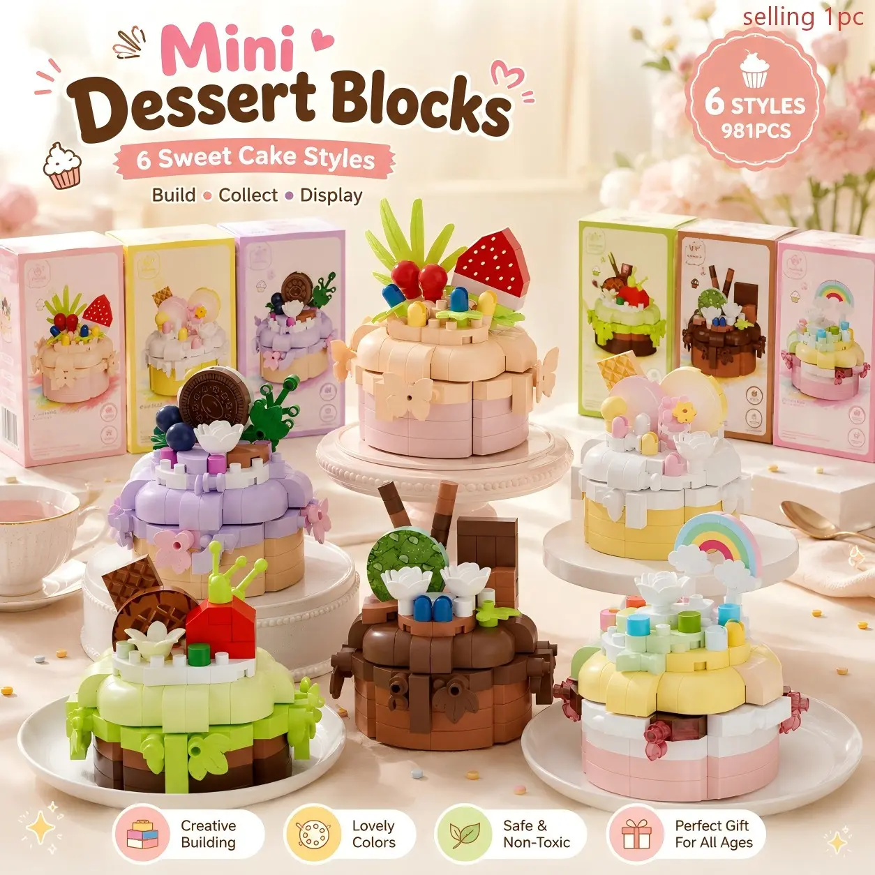 1pc Mini Cake Micro Building Blocks - Kawaii Dessert Brick Toy, Round Layered Cake Design, Strawberry Rainbow Chocolate Styles, Fun DIY Assembly, Small Size Display Decor, Creative Gift for Kids Girls Teens Friends, Bedroom Desk Decor, Party Prize