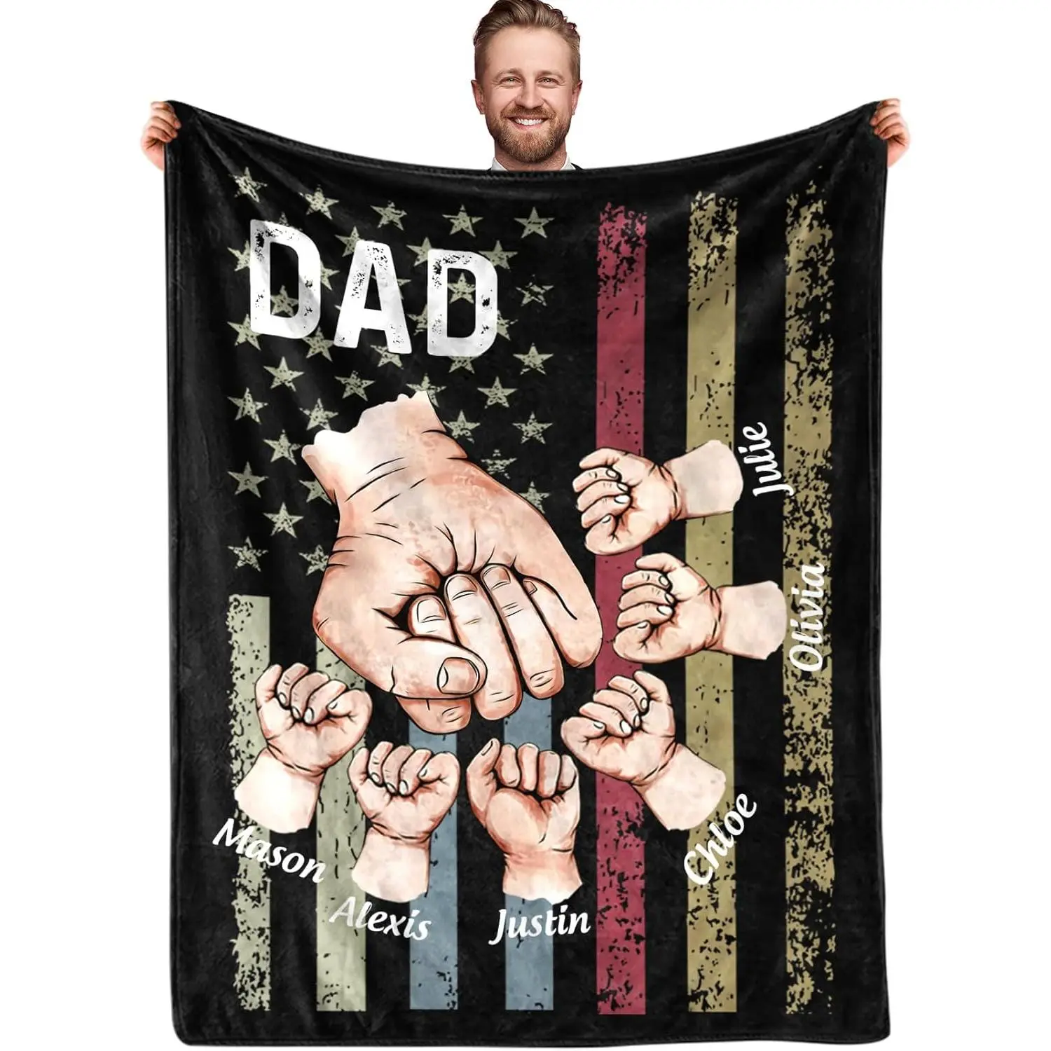 Customized DAD Name PVC Fabric Flannel Throw Blanket - American Flag Fist Bump Design, Soft Cozy, Breathable, Wrinkle-Resistant, Fade-Resistant, Durable, Machine Wash, Personalized Kids Names, Father's Day Gift, Modern Room Decor, Man Cave Couch Accent