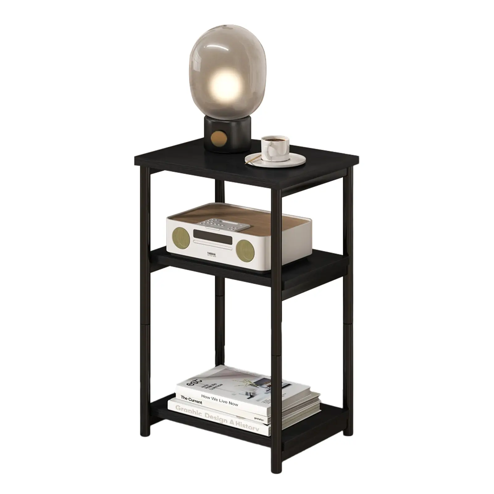 Slim 3-Tier End Table with Open Storage Shelves – Modern Farmhouse Narrow Sofa Side Table – Compact Bedside Table for Living Room, Bedroom, Office – Easy Toolless Assembly, Black