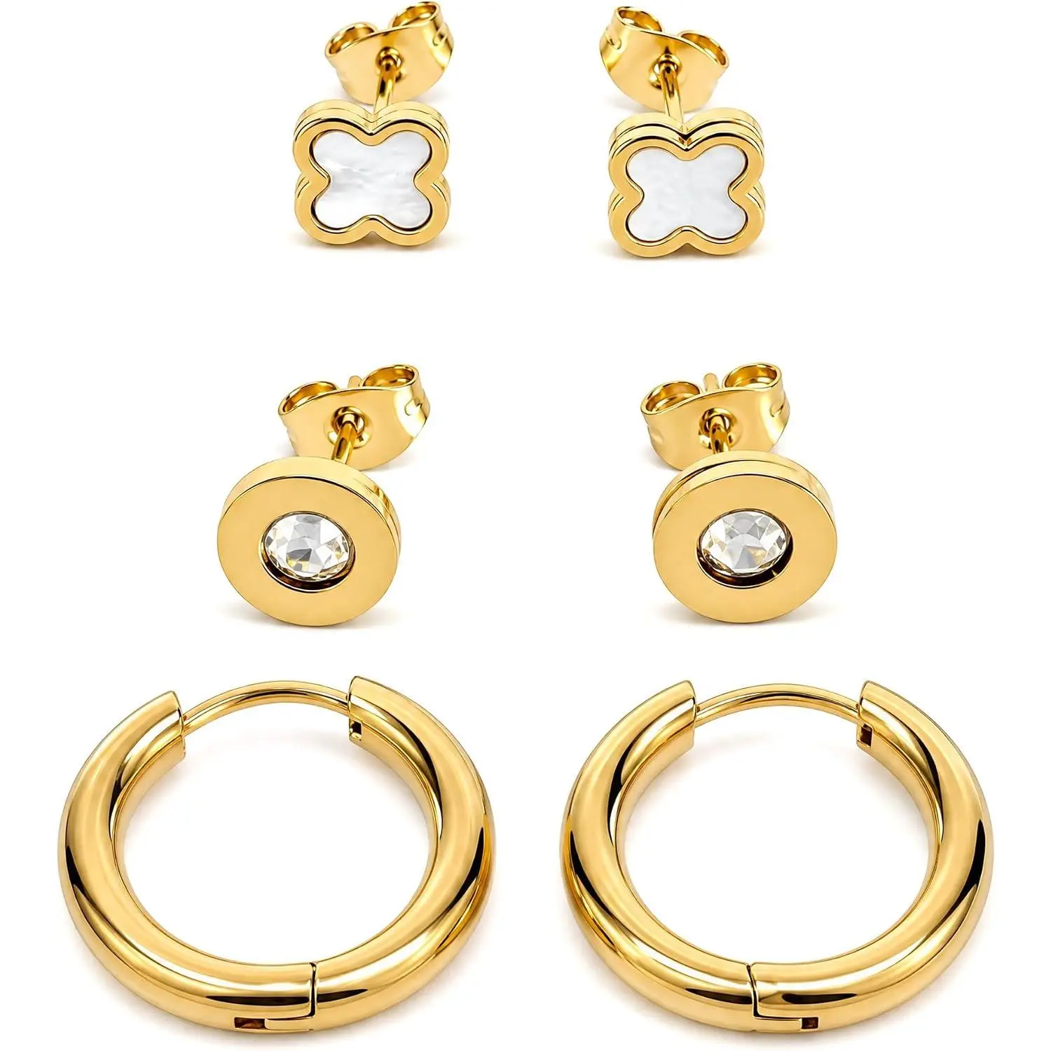 Plated Stainless Steel Stud Earrings Set for Women,  Geometric Cartilage Earring Pack, Non-Fading Fashion   for  Ears, Multiple Styles Included ()