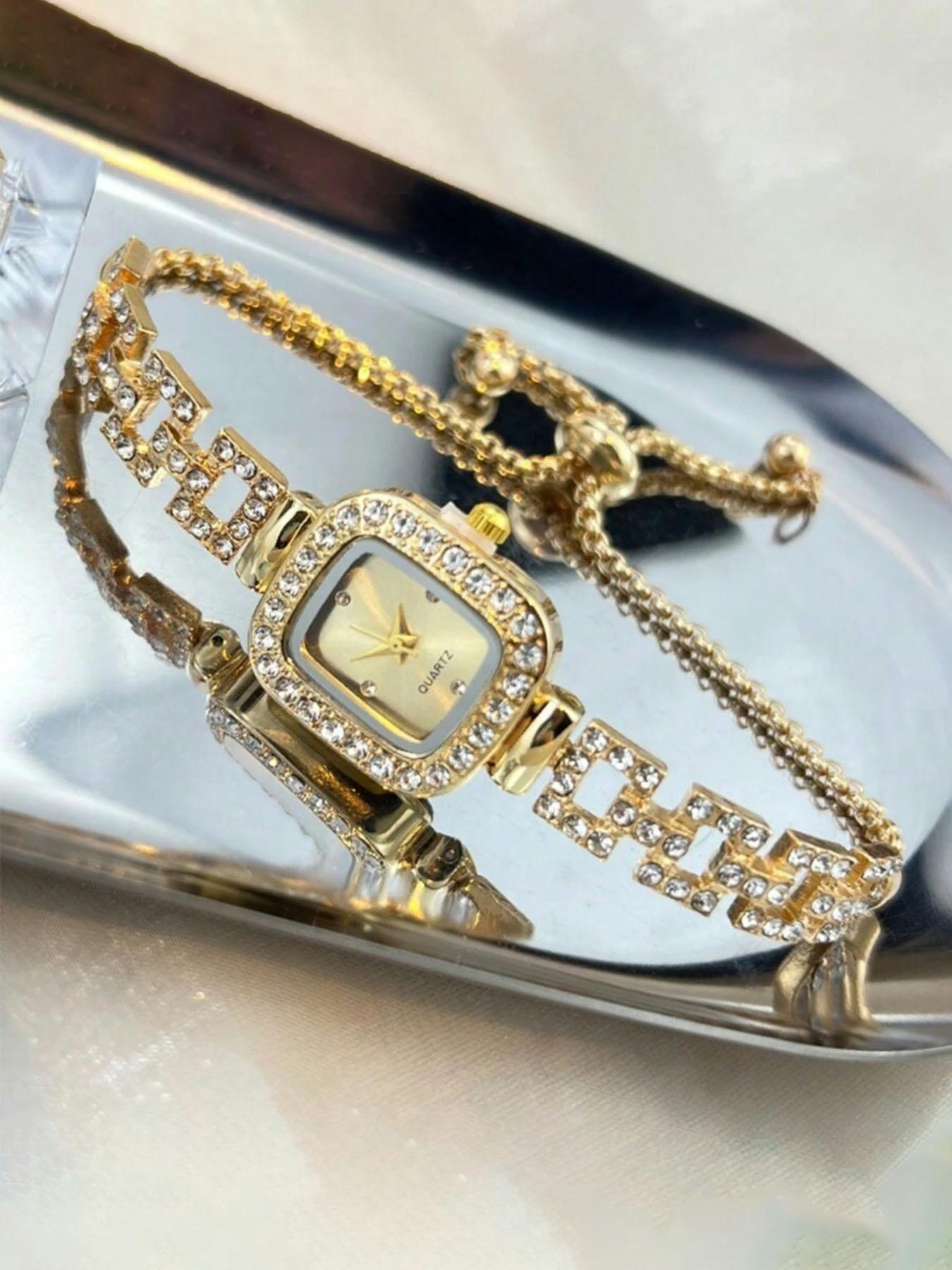 Women's Square Rhinestone Decor Watch, Hip-Hop Style Quartz Wristwatch with Adjustable Strap, Elegant Square Dial Stylish Watch for All Seasons, Rhinestone Watches