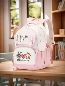 Cute Cat Print Backpack, Peace Love Cat Design, Breathable Honeycomb Fabric, Detachable Coin Purse, Unisex, Multiple Colors Available