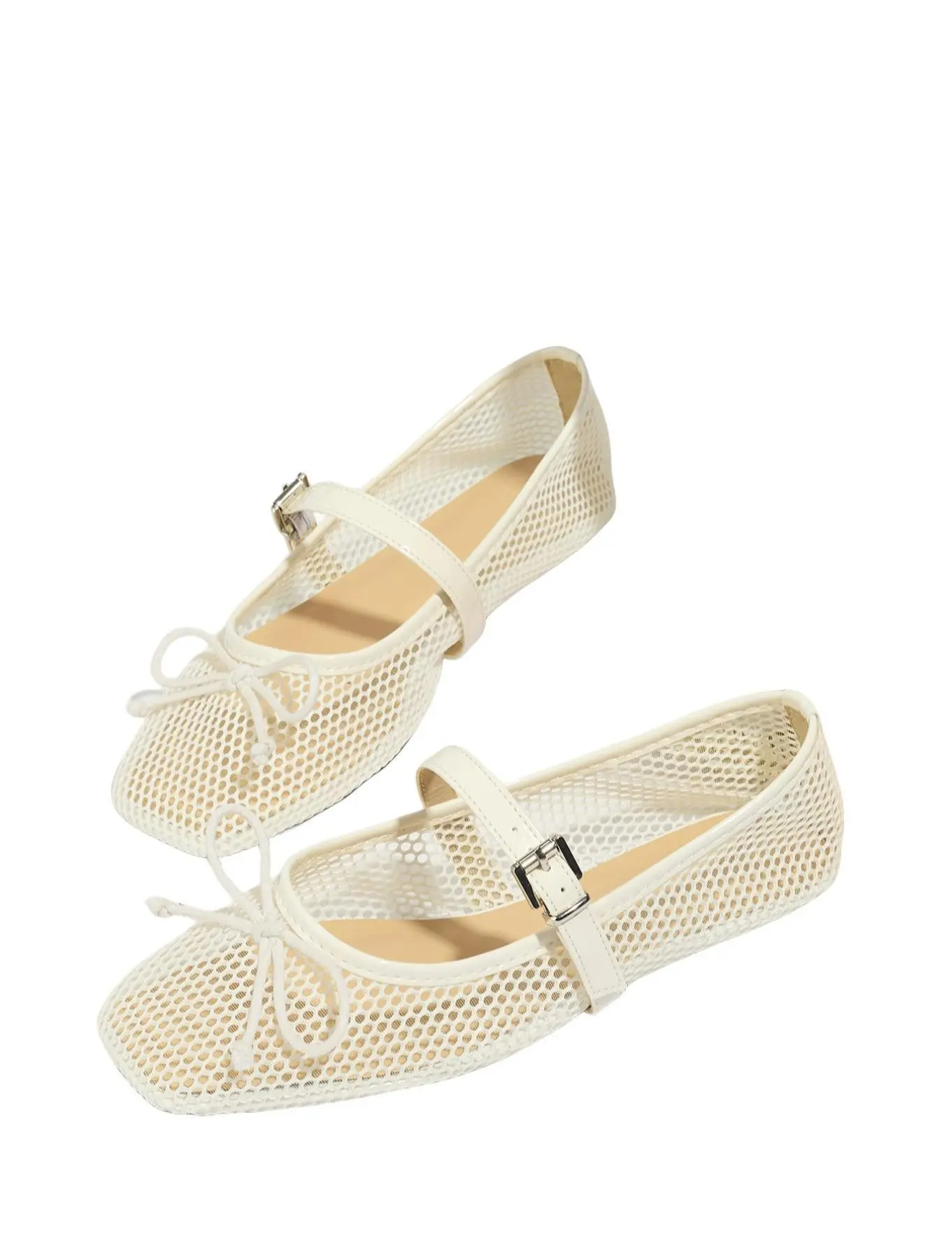 Women's Summer Elegant Mesh Breathable Hollow Out Flat Sandals, Mary Jane Ballet Shoes, Lightweight Comfort Square Toe Bow Casual Shoes Bow Flats