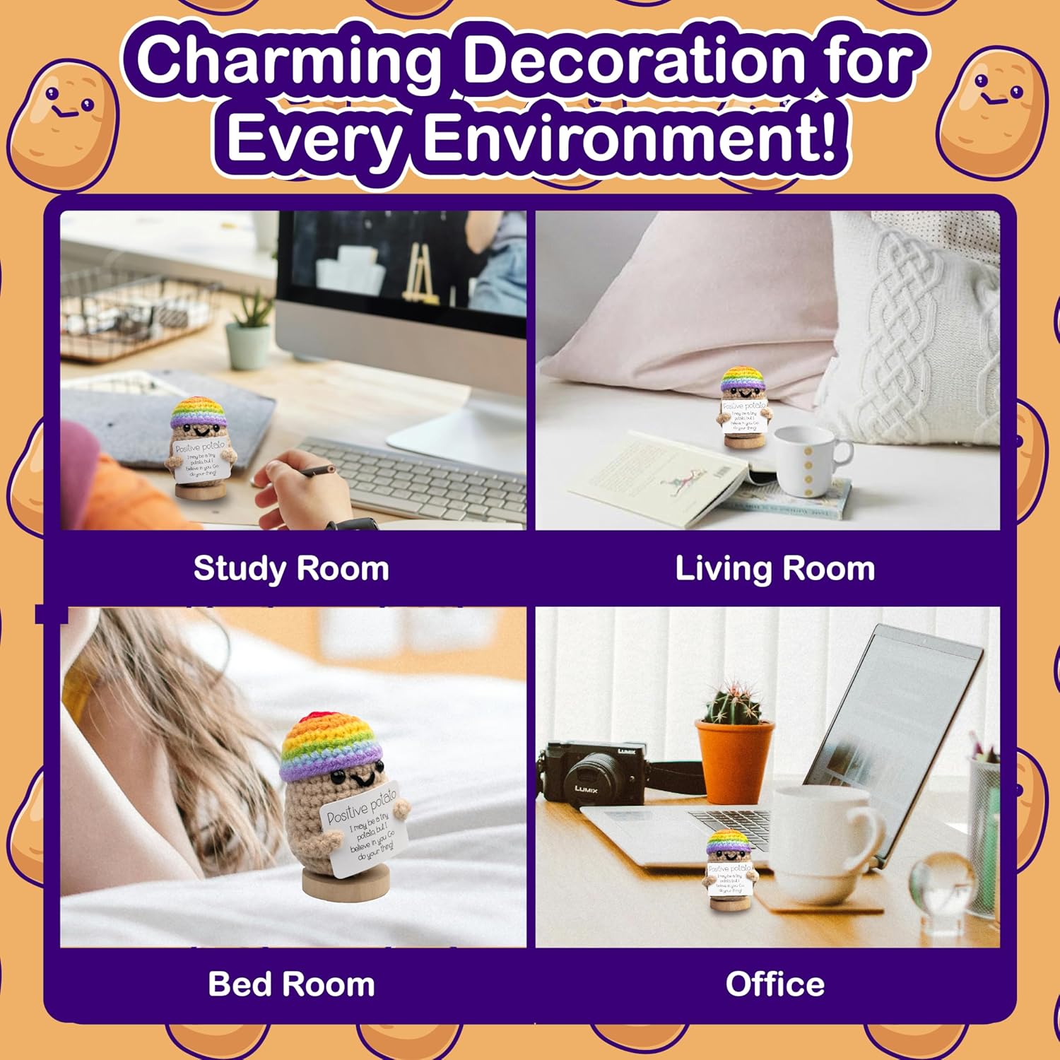 Adorable Marlo & Buzz crochet potato plush with stand! This funny emotional support toy offers comforting motivation for stress and anxiety relief, perfect as charming home decor. Soft, cute, and full of warm energy to cheer you up every day.